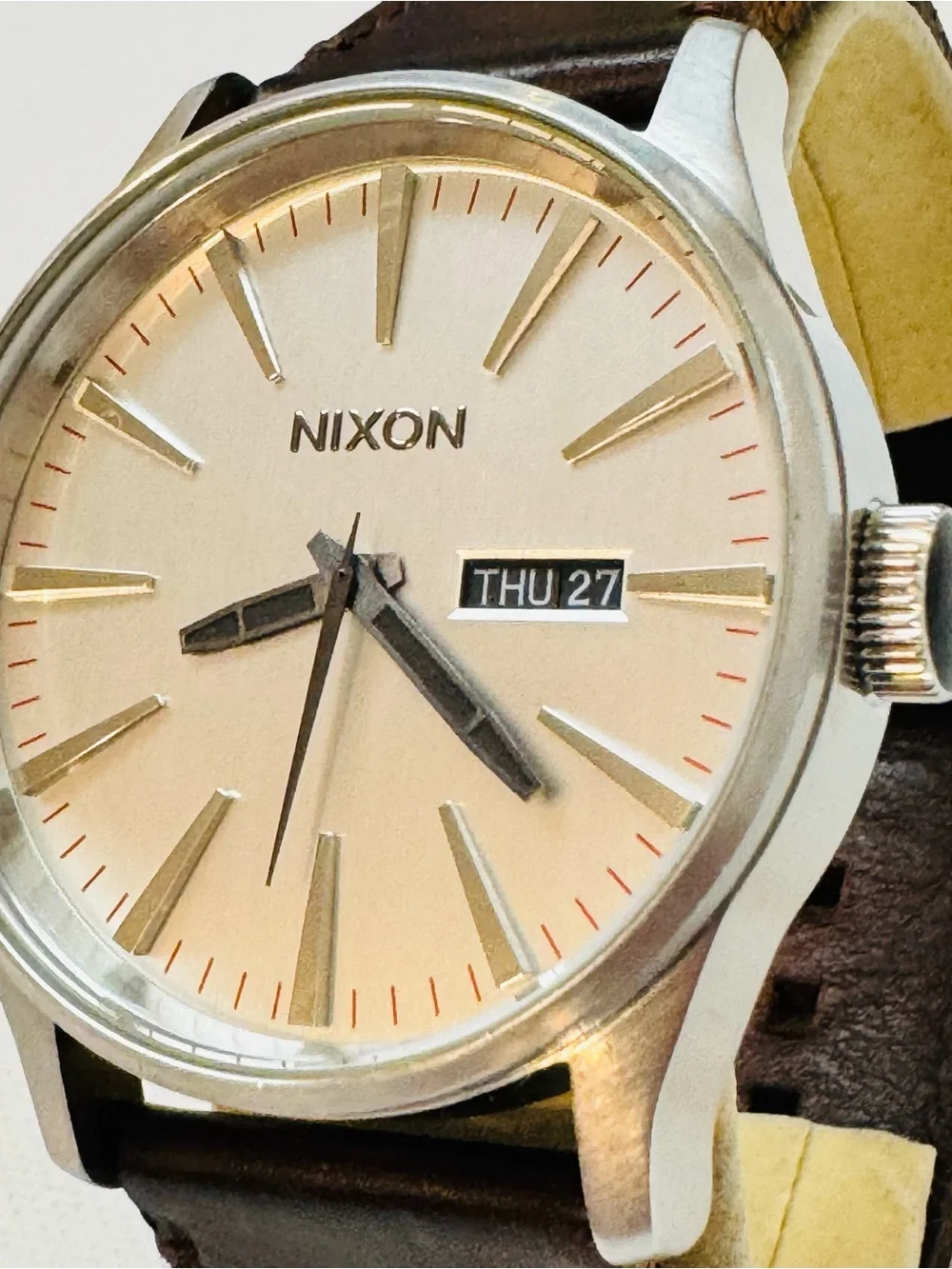 Nixon The Sentry 42mm Men's Day/Date Watch Silver Dial Brown Leather